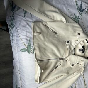 Cream Biker Jacket with Silver Zippers